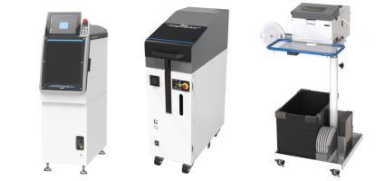 Collage of automation units, including Auto Head Cleaner R, Auto Feeder Maintenance Unit, and Auto Splicing Unit